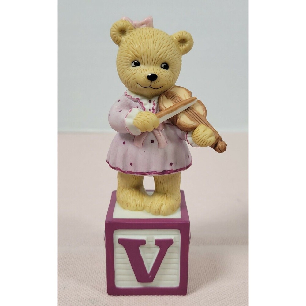 Alpha Block Bears Violet the Violinist  Letter V Violin Player Ceramic Figurine